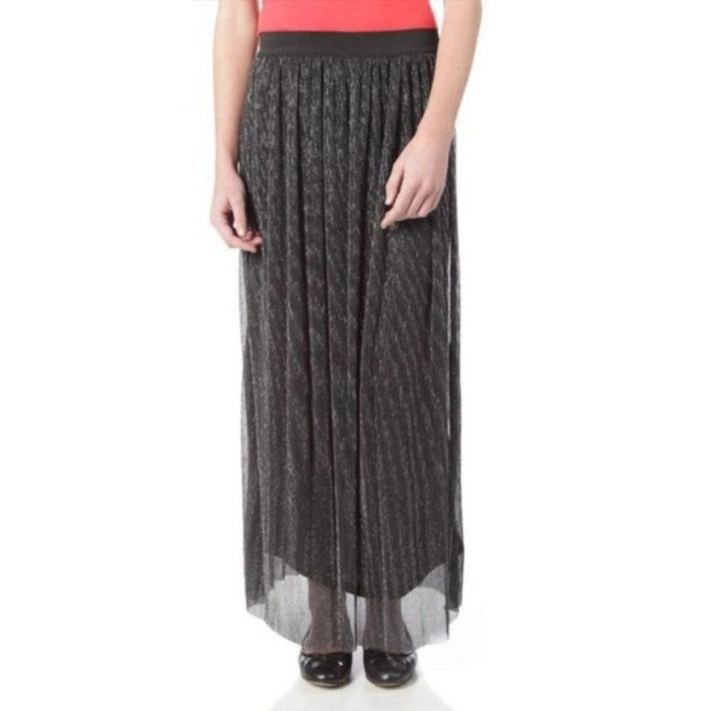 Timing Maxi Skirt LG‎ Black Silver Pleated Shimmering Sheer Overlay Festive NEW